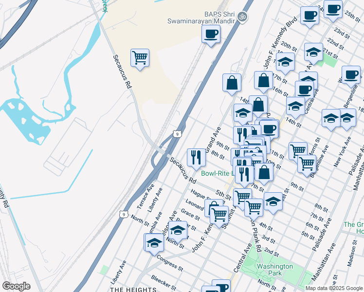 map of restaurants, bars, coffee shops, grocery stores, and more near 716 Liberty Avenue in North Bergen