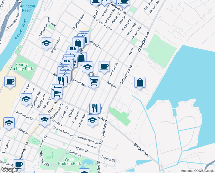 map of restaurants, bars, coffee shops, grocery stores, and more near 236 Davis Avenue in Kearny