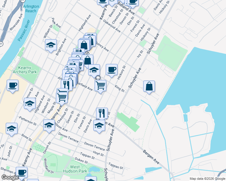 map of restaurants, bars, coffee shops, grocery stores, and more near 236 Davis Avenue in Kearny