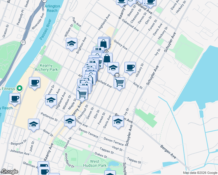 map of restaurants, bars, coffee shops, grocery stores, and more near 44 Garfield Avenue in Kearny