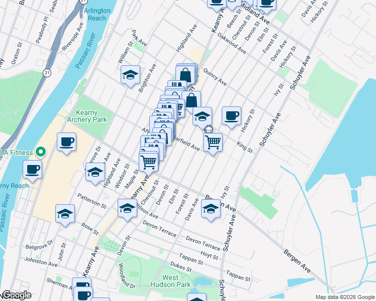 map of restaurants, bars, coffee shops, grocery stores, and more near 44 Garfield Avenue in Kearny