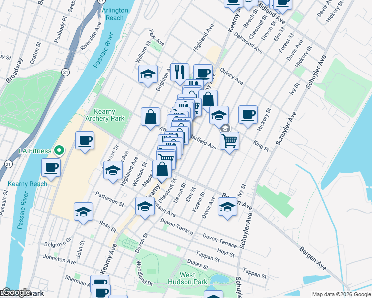 map of restaurants, bars, coffee shops, grocery stores, and more near 276 Chestnut Street in Kearny