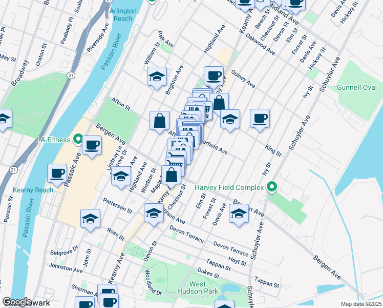 map of restaurants, bars, coffee shops, grocery stores, and more near 289 Kearny Avenue in Kearny