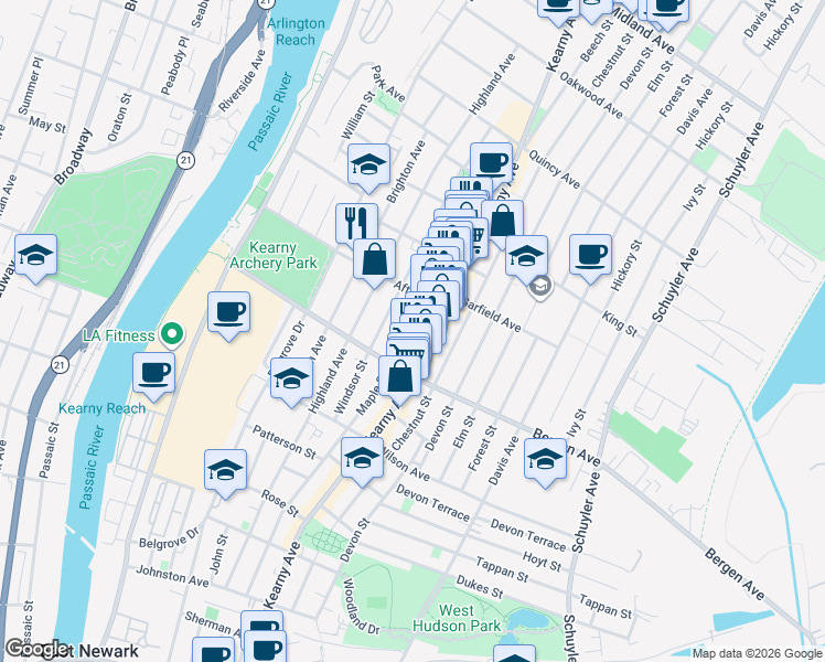 map of restaurants, bars, coffee shops, grocery stores, and more near 289 Kearny Avenue in Kearny