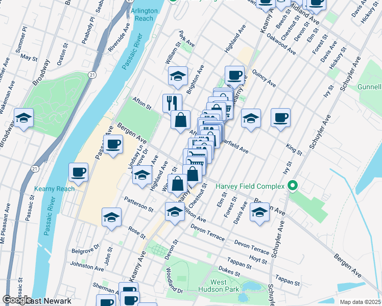 map of restaurants, bars, coffee shops, grocery stores, and more near 92 Windsor Street in Kearny