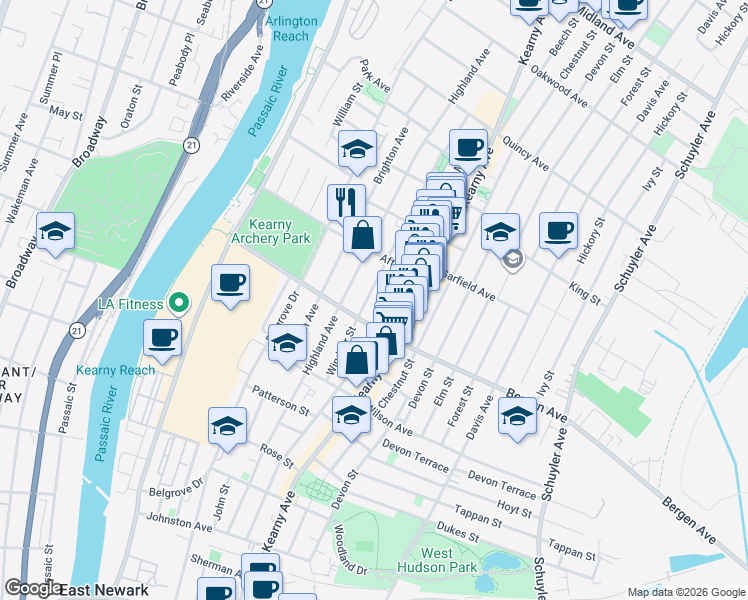 map of restaurants, bars, coffee shops, grocery stores, and more near 92 Windsor Street in Kearny