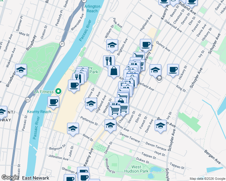map of restaurants, bars, coffee shops, grocery stores, and more near 227 Highland Avenue in Kearny