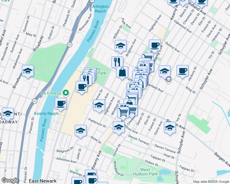 map of restaurants, bars, coffee shops, grocery stores, and more near 227 Highland Avenue in Kearny