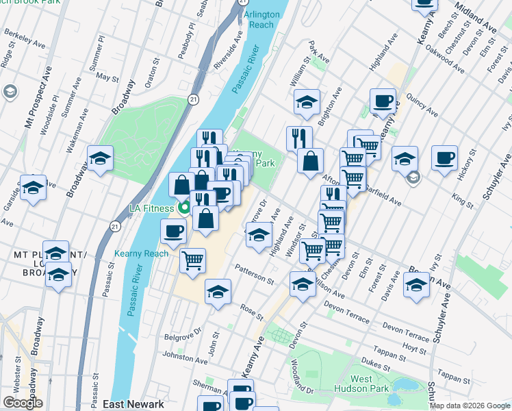 map of restaurants, bars, coffee shops, grocery stores, and more near 25 Lindsay Lane in Kearny