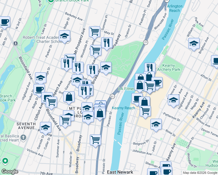 map of restaurants, bars, coffee shops, grocery stores, and more near 36 Mount Pleasant Avenue in Newark