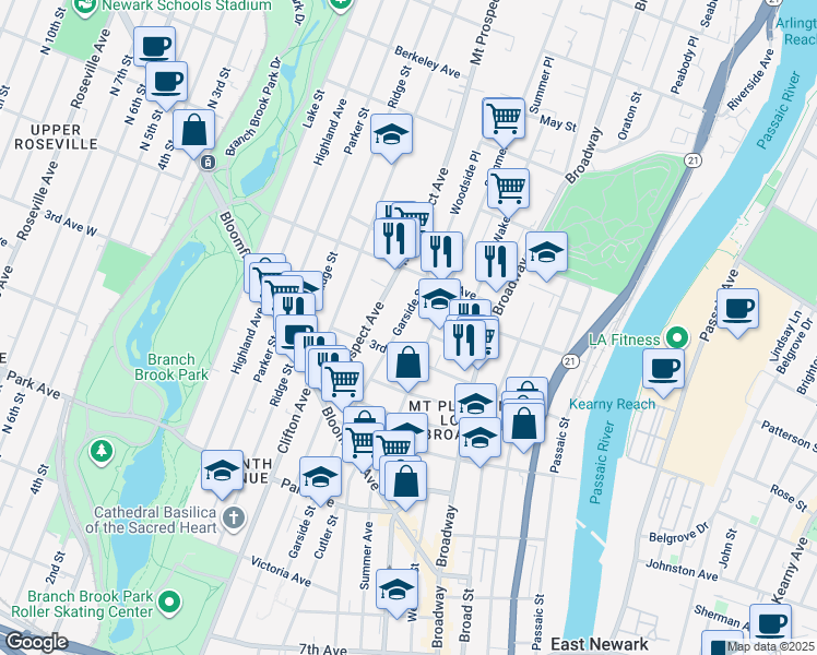 map of restaurants, bars, coffee shops, grocery stores, and more near 278 1/2 Garside Street in Newark