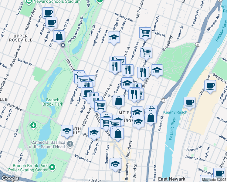 map of restaurants, bars, coffee shops, grocery stores, and more near 278 1/2 Garside Street in Newark