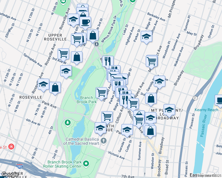 map of restaurants, bars, coffee shops, grocery stores, and more near 136 Highland Avenue in Newark