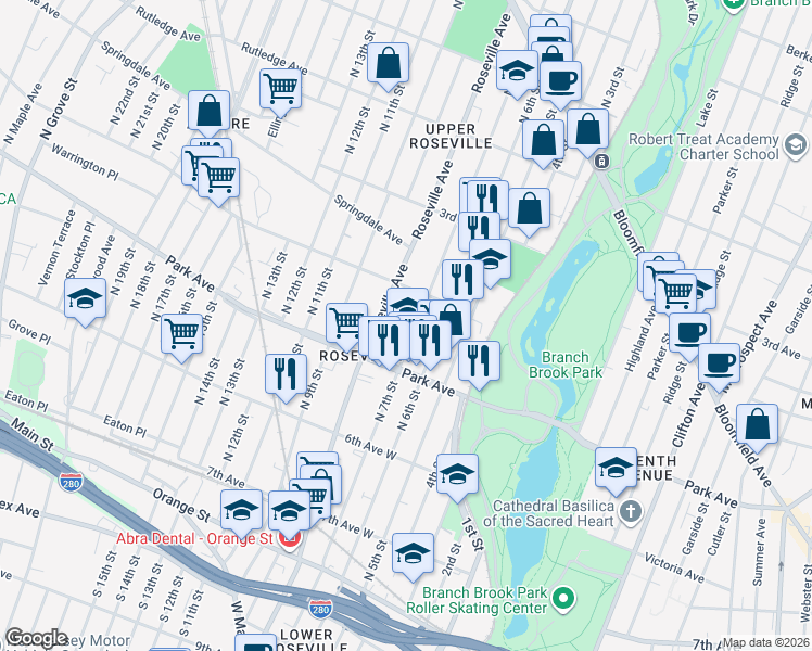 map of restaurants, bars, coffee shops, grocery stores, and more near 330 North 7th Street in Newark