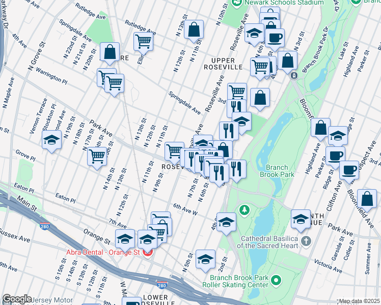 map of restaurants, bars, coffee shops, grocery stores, and more near 279 Roseville Avenue in Newark