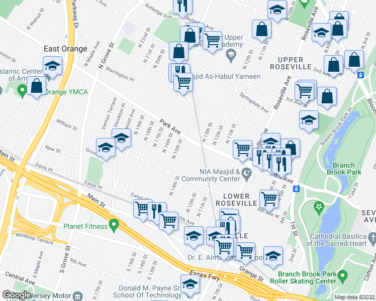 map of restaurants, bars, coffee shops, grocery stores, and more near 163 North 14th Street in East Orange