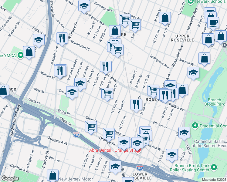 map of restaurants, bars, coffee shops, grocery stores, and more near 110 North 16th Street in East Orange