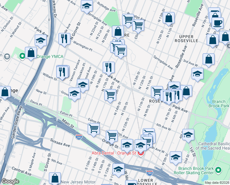 map of restaurants, bars, coffee shops, grocery stores, and more near 110 North 16th Street in East Orange