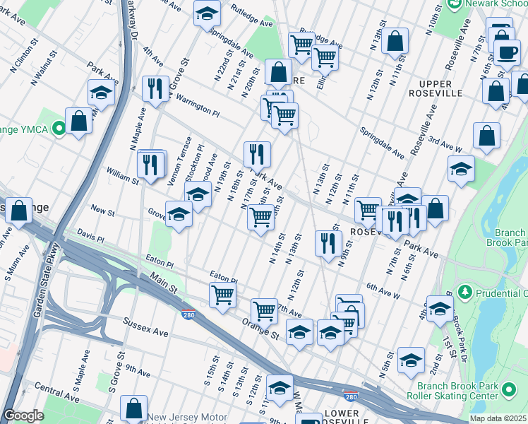 map of restaurants, bars, coffee shops, grocery stores, and more near 110 North 16th Street in East Orange