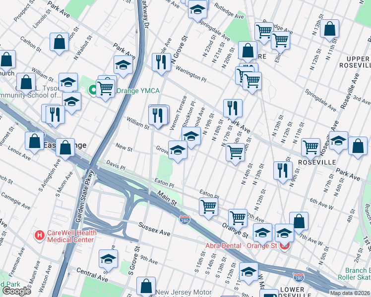 map of restaurants, bars, coffee shops, grocery stores, and more near 136 William Street in East Orange