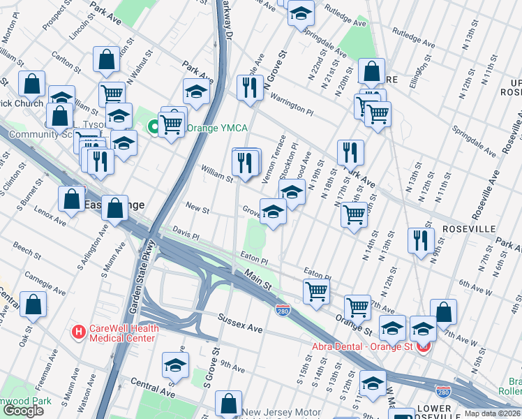 map of restaurants, bars, coffee shops, grocery stores, and more near 155 William Street in East Orange