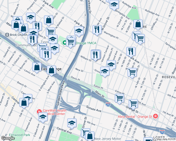 map of restaurants, bars, coffee shops, grocery stores, and more near 98 North Maple Avenue in East Orange