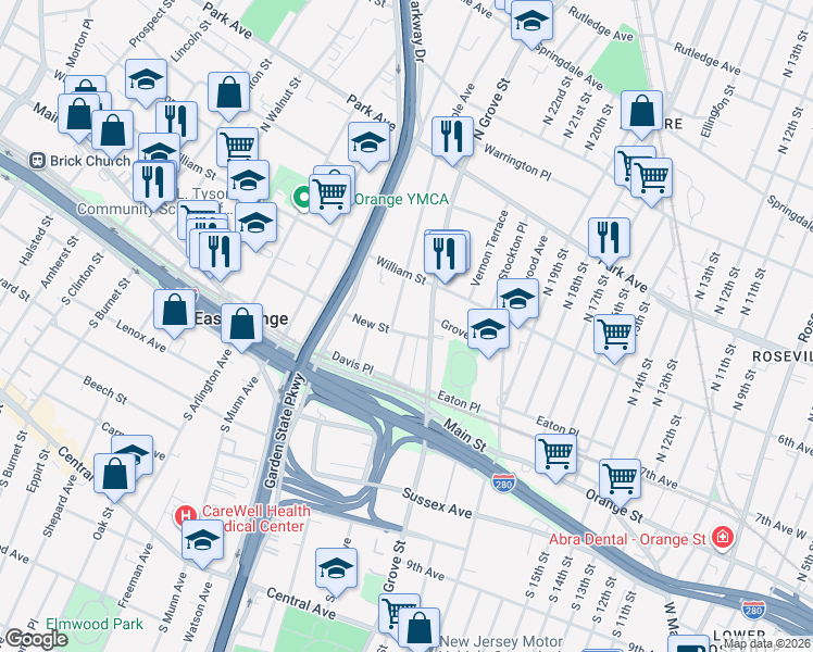 map of restaurants, bars, coffee shops, grocery stores, and more near 98 North Maple Avenue in East Orange