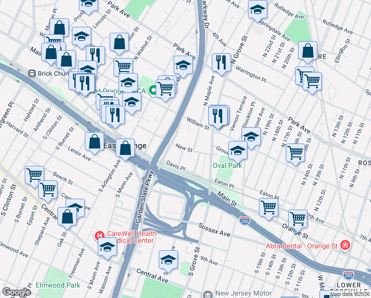 map of restaurants, bars, coffee shops, grocery stores, and more near 62 New Street in East Orange