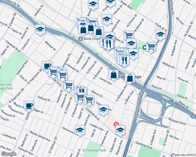 map of restaurants, bars, coffee shops, grocery stores, and more near 5 South Burnet Street in East Orange