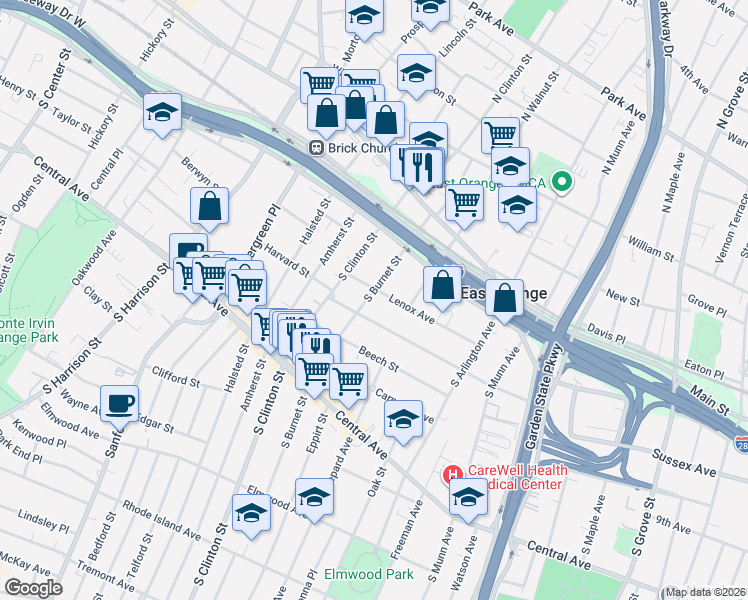 map of restaurants, bars, coffee shops, grocery stores, and more near 95 South Burnet Street in East Orange