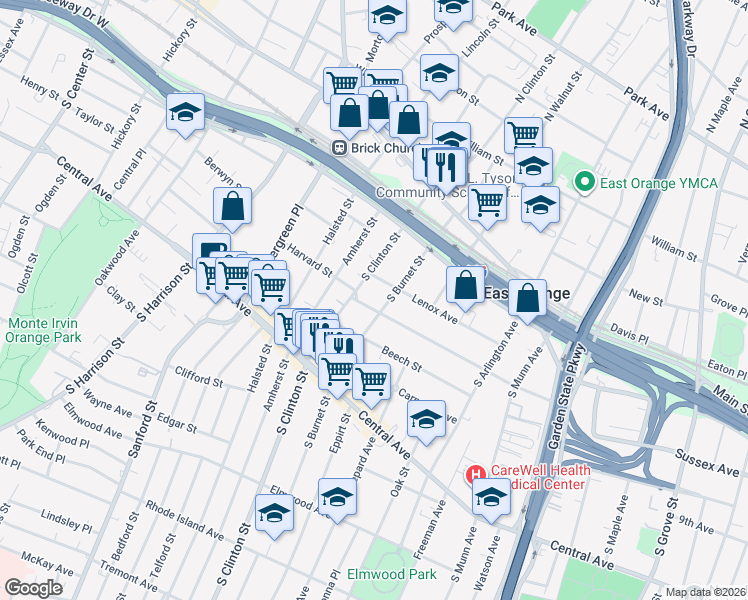map of restaurants, bars, coffee shops, grocery stores, and more near 95 South Burnet Street in East Orange
