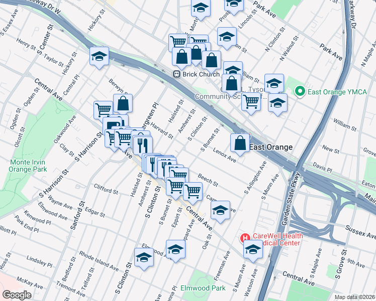 map of restaurants, bars, coffee shops, grocery stores, and more near 5 Harvard Street in East Orange