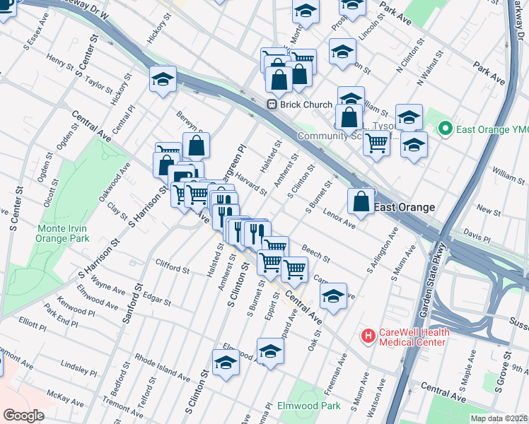 map of restaurants, bars, coffee shops, grocery stores, and more near 111 Amherst Street in East Orange