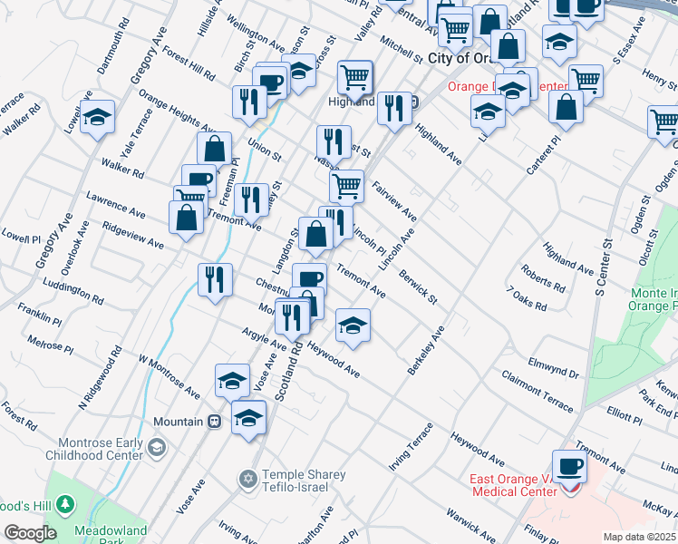map of restaurants, bars, coffee shops, grocery stores, and more near 493 Tremont Avenue in City of Orange