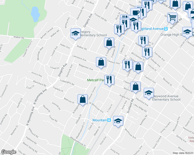 map of restaurants, bars, coffee shops, grocery stores, and more near 174 South Valley Road in West Orange