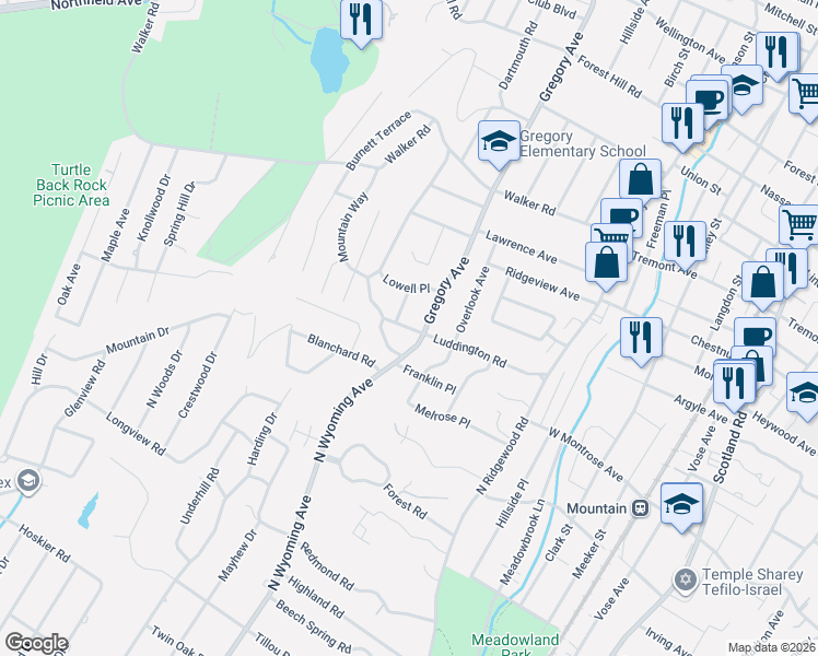 map of restaurants, bars, coffee shops, grocery stores, and more near 61 Luddington Road in West Orange
