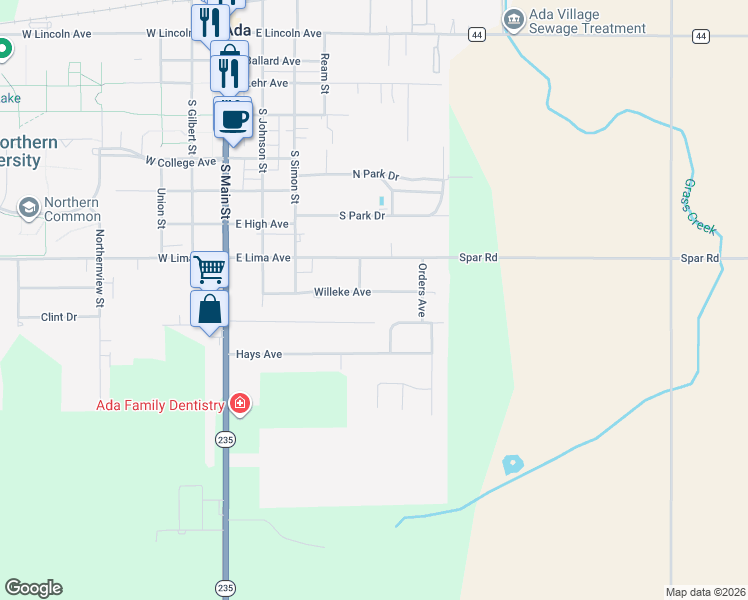 map of restaurants, bars, coffee shops, grocery stores, and more near 414 Willeke Ave in Ada