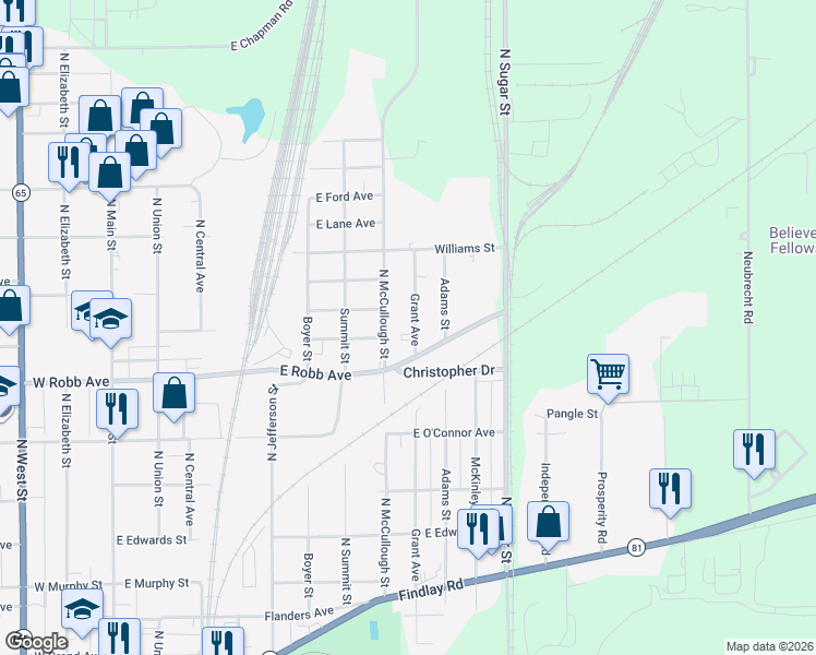 map of restaurants, bars, coffee shops, grocery stores, and more near 1522-1530 Grant Avenue in Lima