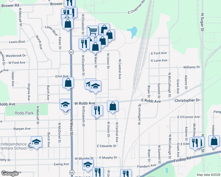 map of restaurants, bars, coffee shops, grocery stores, and more near 1424 North Union Street in Lima
