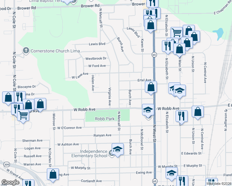 map of restaurants, bars, coffee shops, grocery stores, and more near 1731 North Metcalf Street in Lima