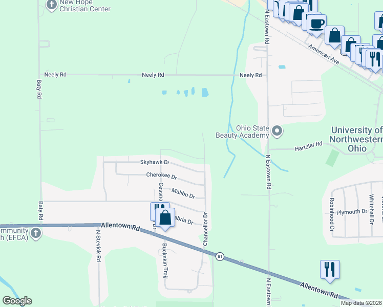map of restaurants, bars, coffee shops, grocery stores, and more near 1590 Chancellor Drive in Lima
