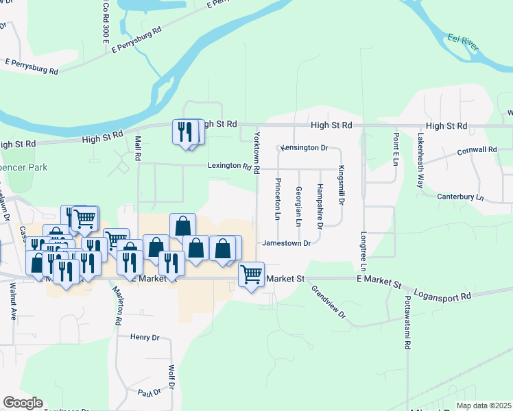 map of restaurants, bars, coffee shops, grocery stores, and more near 302 Yorktown Road in Logansport