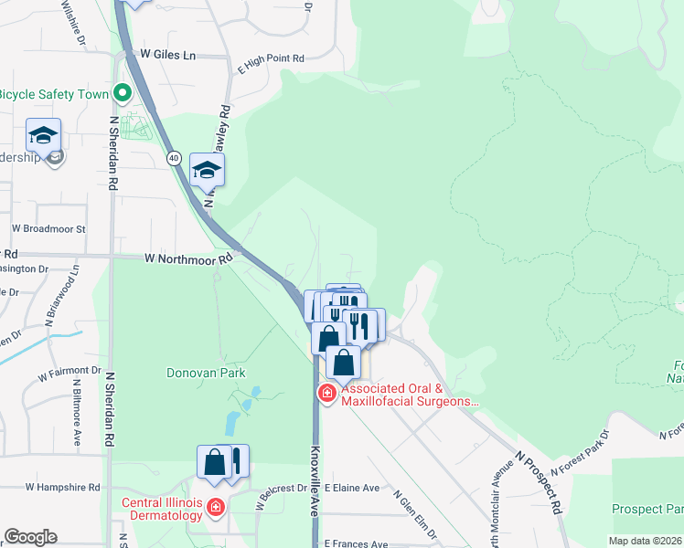 map of restaurants, bars, coffee shops, grocery stores, and more near 6045 N Wickwood Rd in Peoria