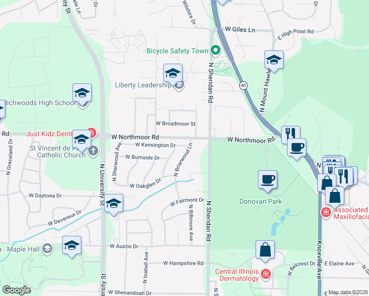 map of restaurants, bars, coffee shops, grocery stores, and more near 821 W Kensington Dr in Peoria