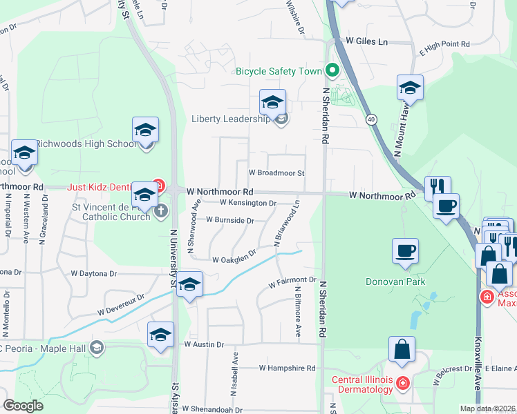 map of restaurants, bars, coffee shops, grocery stores, and more near 913 West Kensington Drive in Peoria