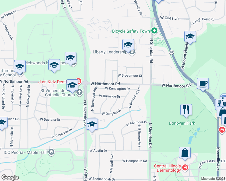 map of restaurants, bars, coffee shops, grocery stores, and more near 1019 West Kensington Drive in Peoria