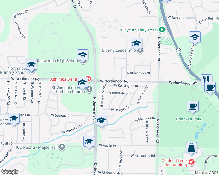 map of restaurants, bars, coffee shops, grocery stores, and more near 1123 West Kensington Drive in Peoria
