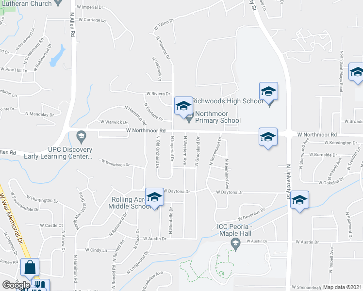 map of restaurants, bars, coffee shops, grocery stores, and more near 6012 North Imperial Drive in Peoria