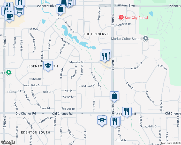 map of restaurants, bars, coffee shops, grocery stores, and more near 8111 Lea Rae Place in Lincoln