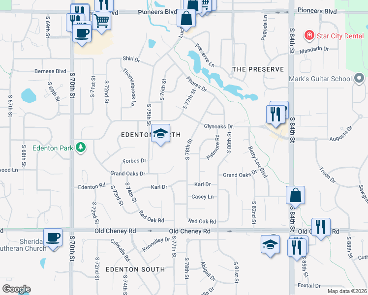 map of restaurants, bars, coffee shops, grocery stores, and more near 5200 South 78th Street in Lincoln
